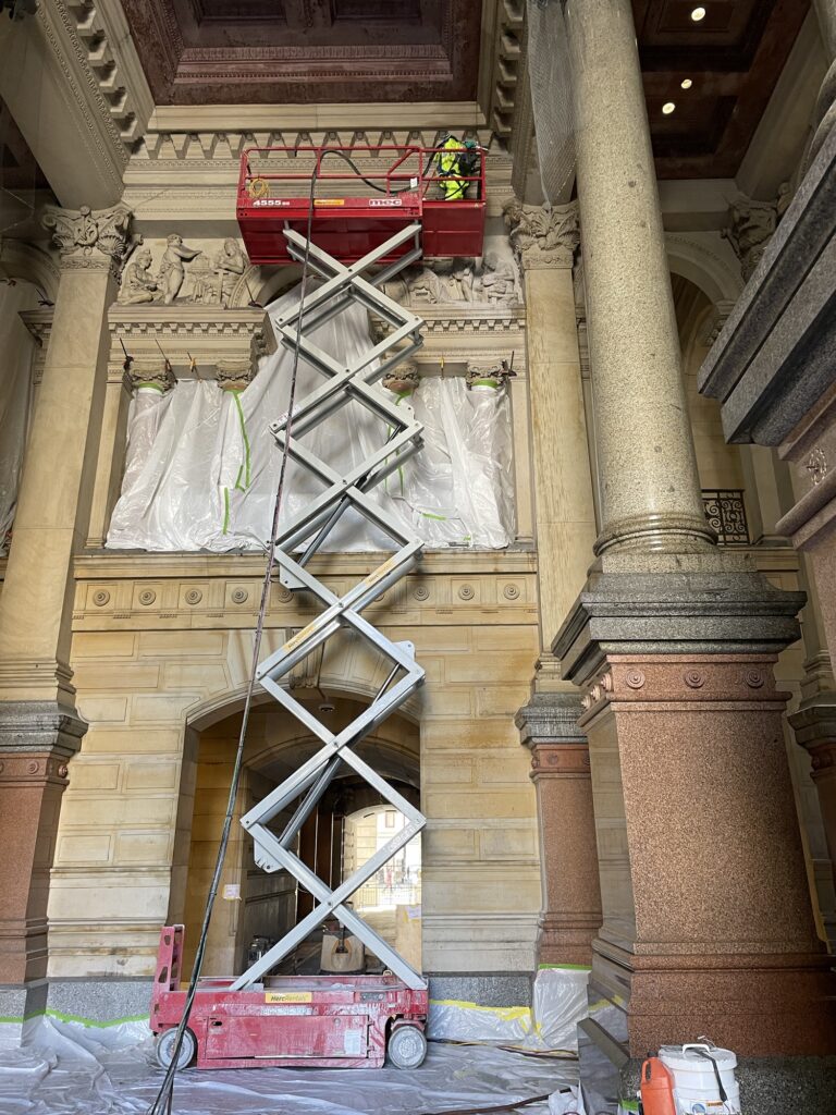 Limestone Shell Column Repair Philadelphia City Hall Historic Façade Repair - Pullman Services
